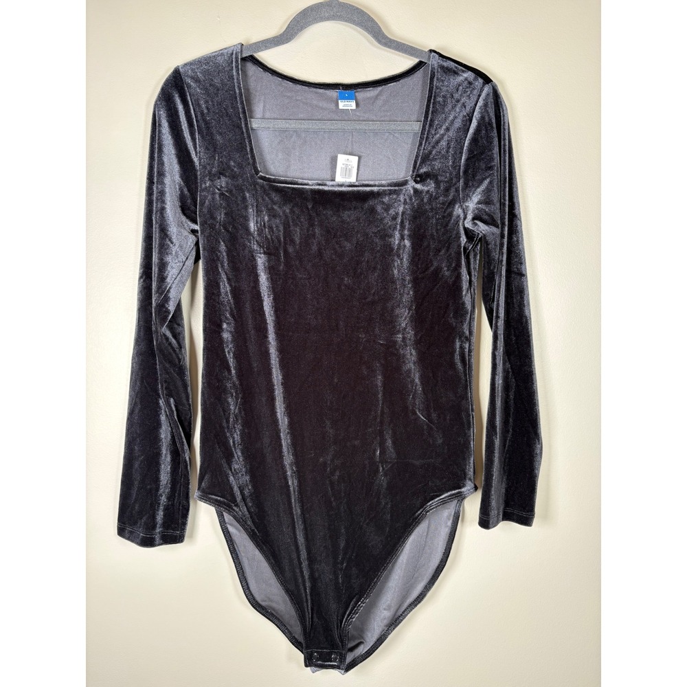 Old Navy Womens Velvet Square Neck Long Sleeve Bodysuit Black Size L NEW Goth